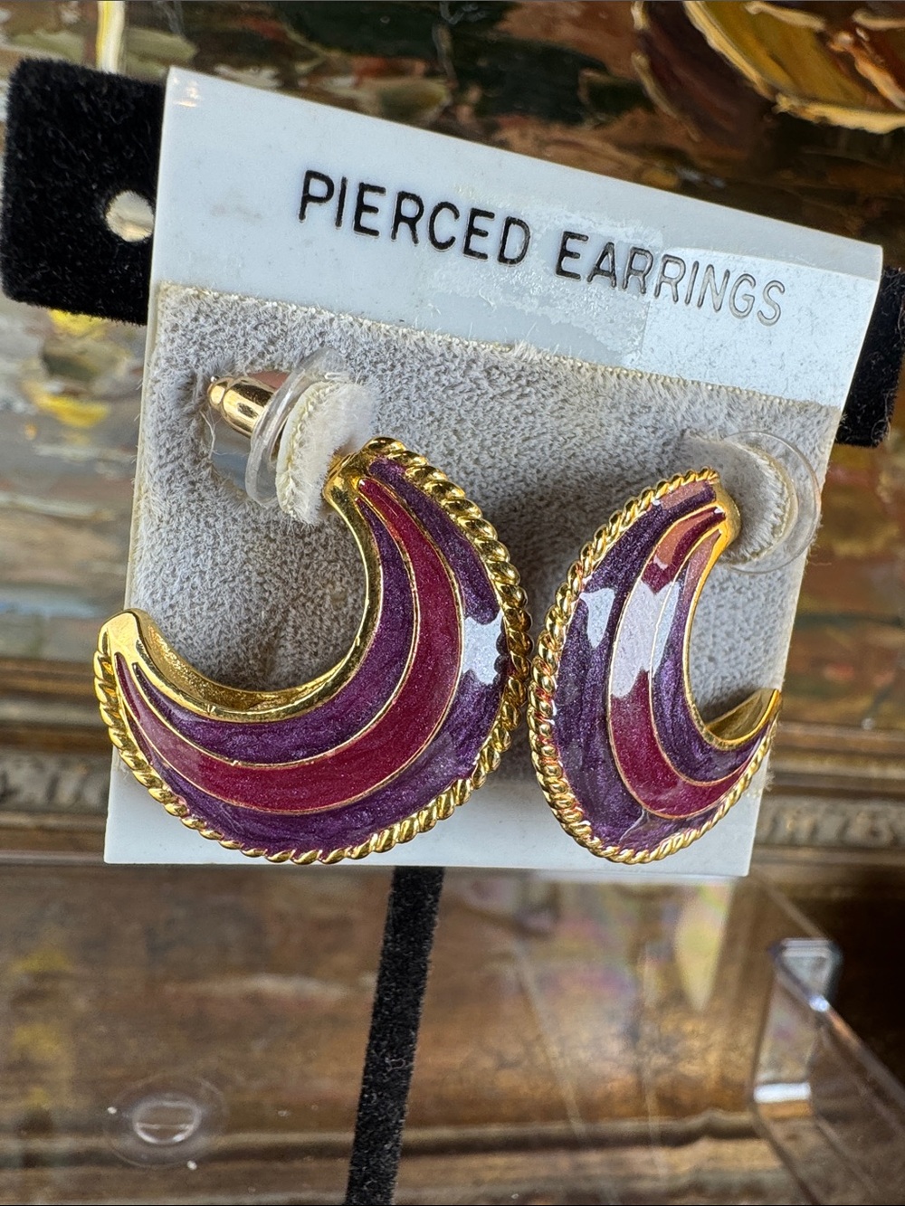 0689-Gold-Tone Purple & Pink Crescent Hoop Pierced Earrings